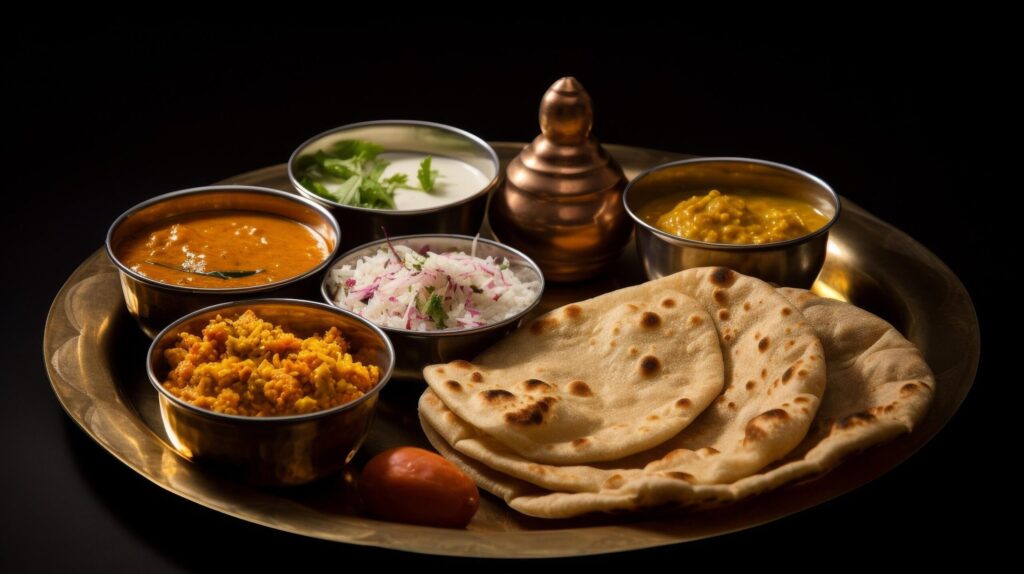 A still life of a traditional Indian thali with breads, dals, and other dishes on a plate Free Photo