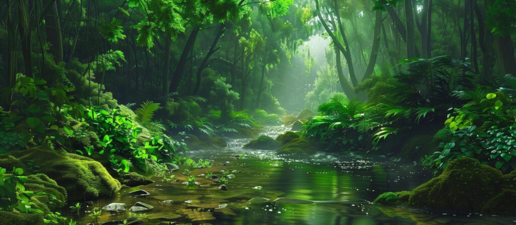 a stream in lush forest nature background Free Photo