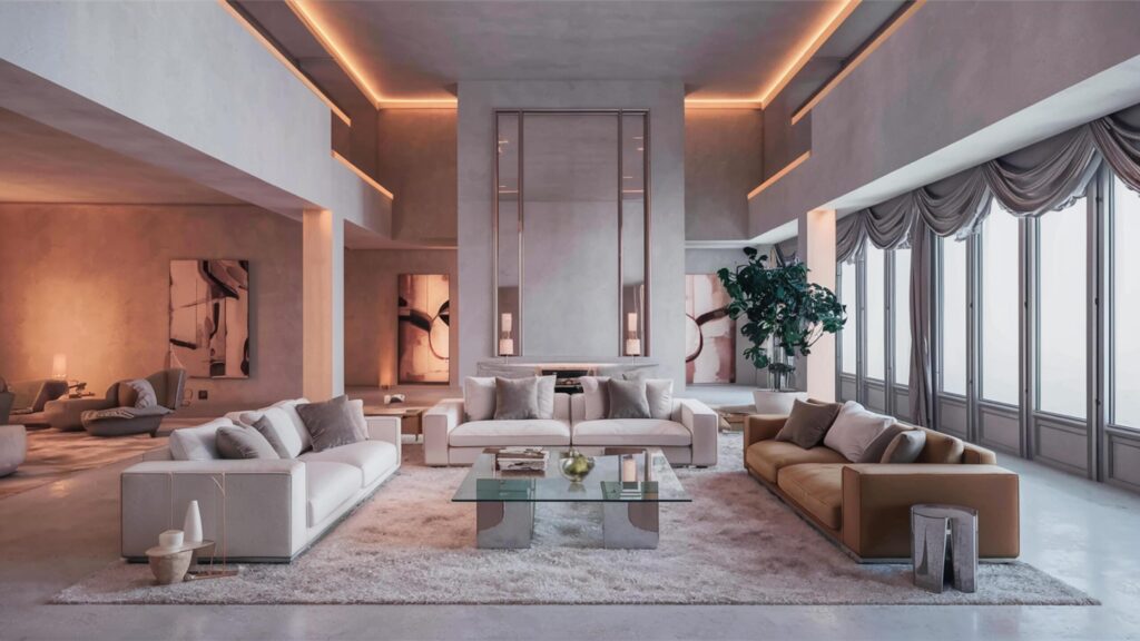 A stunning interior design concept showcasing a spacious and luxurious living room Free Photo