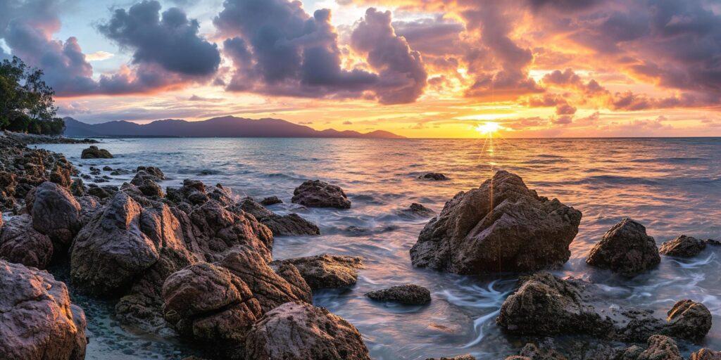 A sunset on the beach island landscape. Purple, pink, and orange fiery golden hour evening sky in the horizon. Ocean, calm waters wallpaper background Free Photo