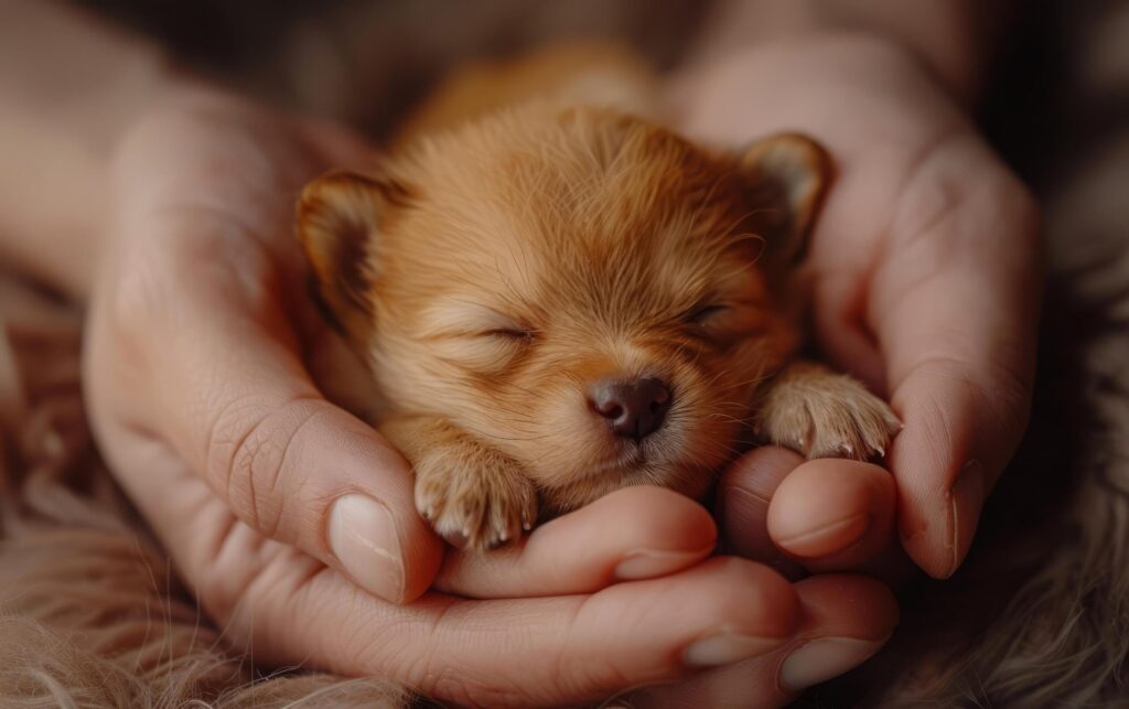 A tiny, newborn puppy sleeps snugly in the caring cradle of human hands Free Photo