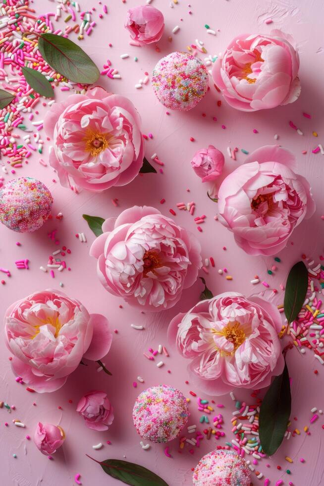 AI generated A top-down image featuring pink peony roses and sprinkles on a pastel pink background with space for customization Stock Free