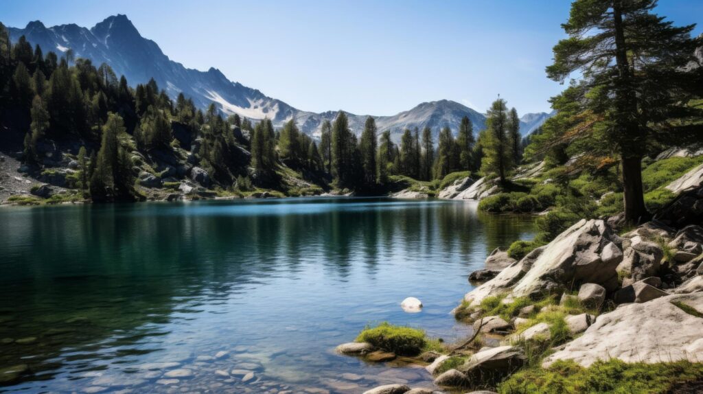 A tranquil lake surrounded by snow capped mountains and green trees Free Photo