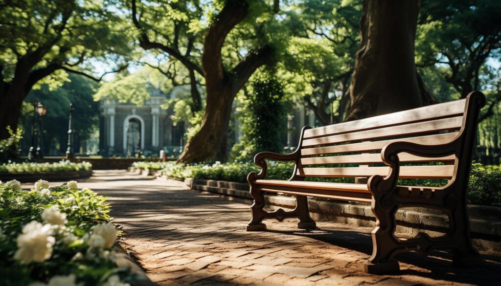 A tranquil scene old bench under tree, nature relaxation generated by AI Free Photo