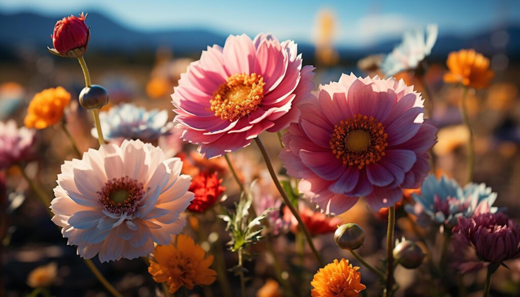 A vibrant bouquet of colorful flowers brightens the meadow generated by AI Free Photo