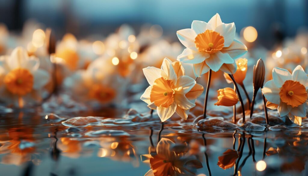 A vibrant bouquet of multi colored flowers reflects in the pond generated by AI Free Photo