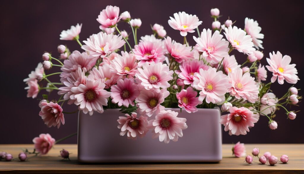 A vibrant bouquet of pink and purple daisies blossoms generated by AI Free Photo