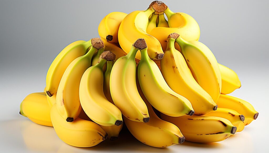 A vibrant bunch of fresh, ripe bananas on a table generated by AI Free Photo