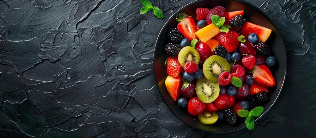 AI generated a vibrant delicious fresh fruits healthy concept background Stock Free