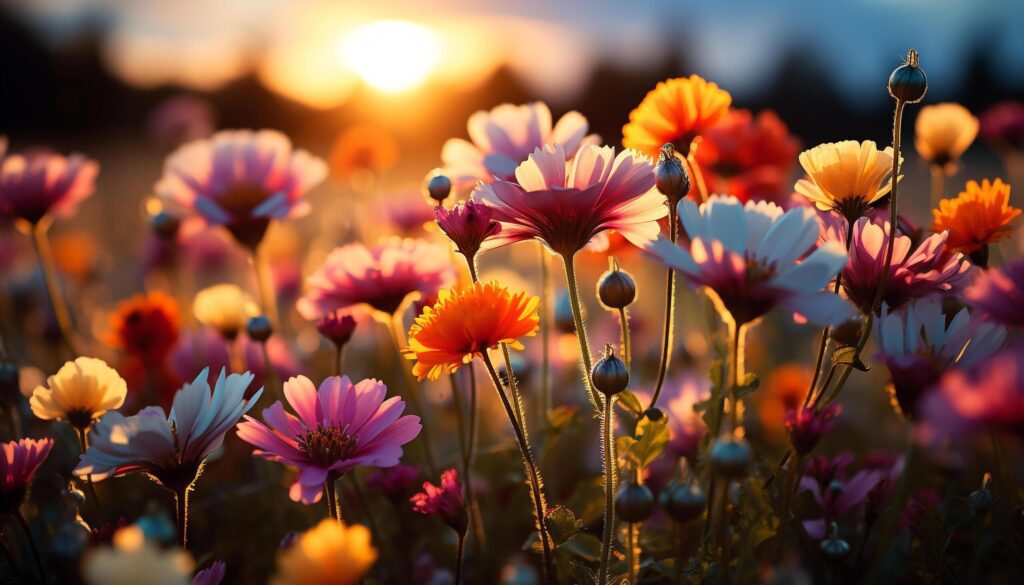 A vibrant meadow blossoms with colorful flowers at sunset generated by AI Free Photo