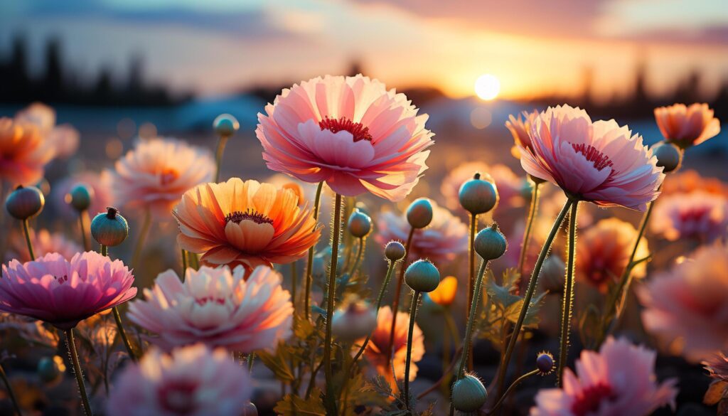 A vibrant meadow of multi colored flowers in summer generated by AI Free Photo