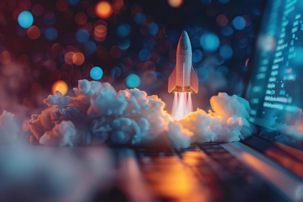 A vivid image of a rocket launching from a laptop screen Free Photo