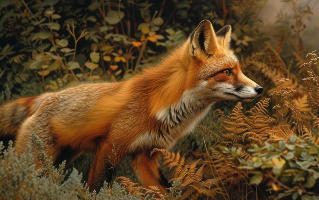 A vivid red fox emerges amidst the ferns, its alert gaze and lustrous fur Free Photo