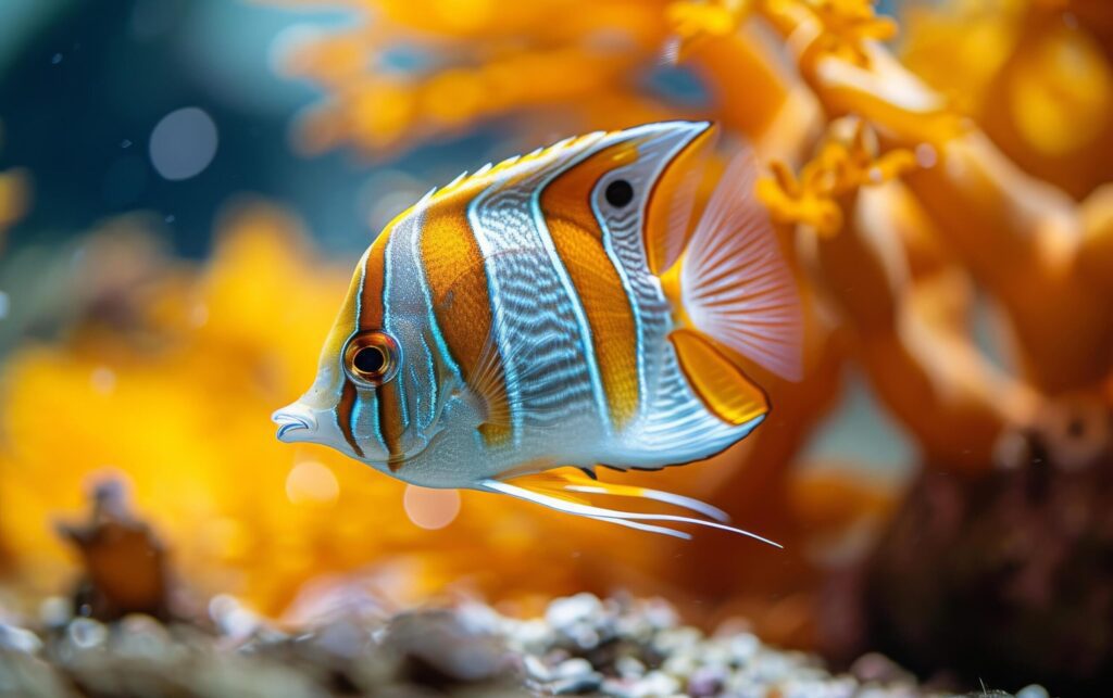 A vividly striped Copperband butterflyfish swims gracefully near the vibrant corals Free Photo