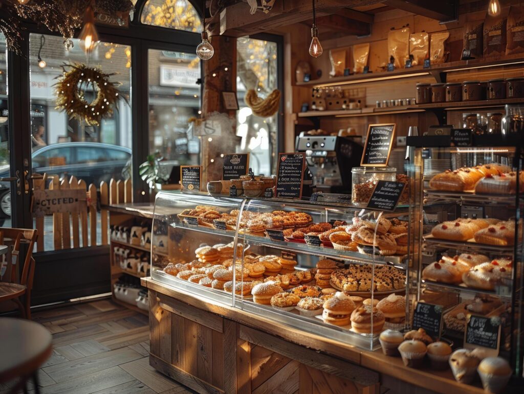 A warm inviting scene of a bustling bakery within a cozy coffee shop Free Photo