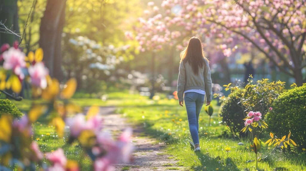 A woman enjoying a leisurely walk in a park admiring the spring blooms and soaking up the sunshine Free Photo