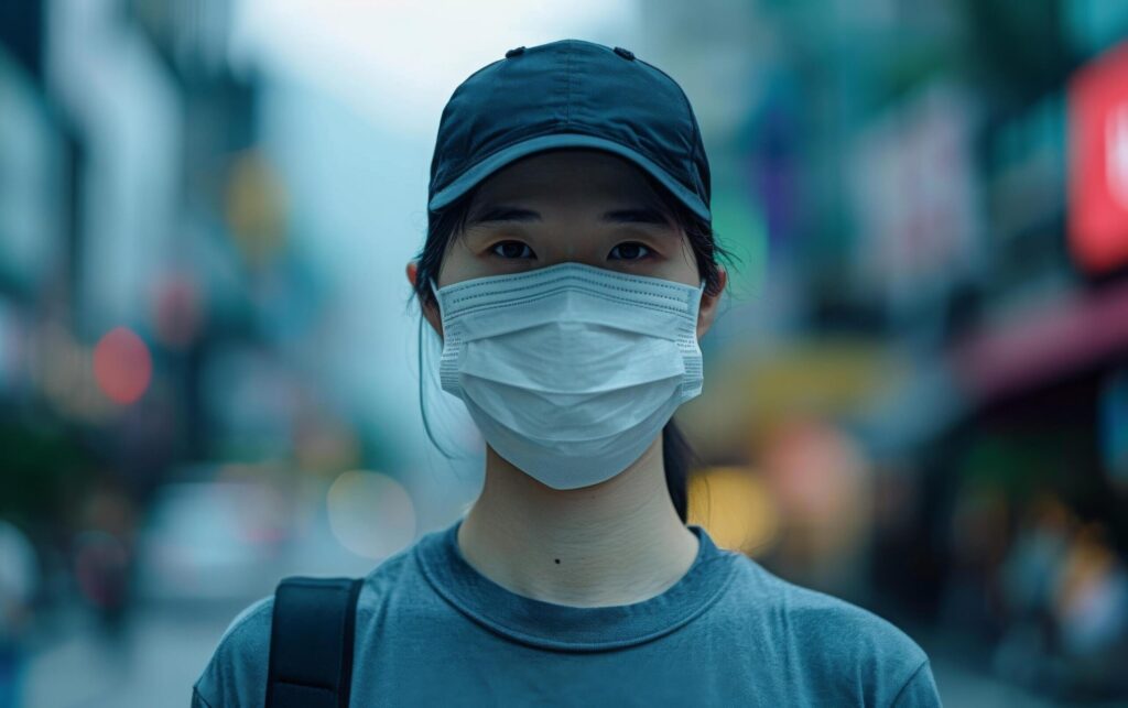 A woman expressive eyes captivate above a face mask, blurred hustle of city life in the background Free Photo