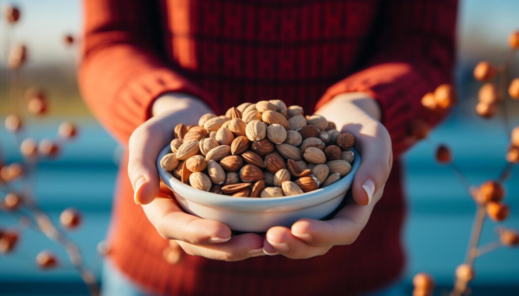 A woman hand holding a bowl of fresh autumn fruit generated by AI Free Photo