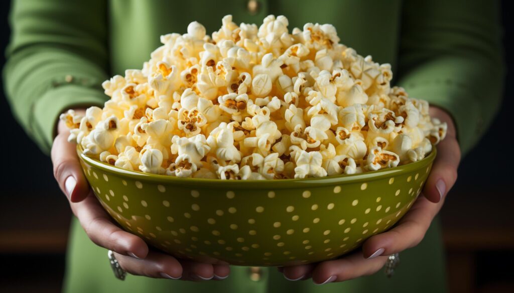 A woman hand holding a bowl of fresh popcorn generated by AI Free Photo