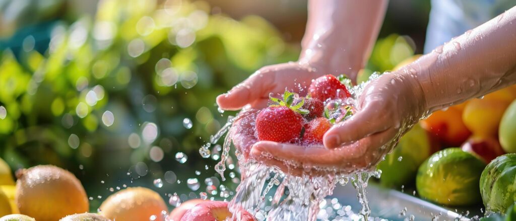 A woman hands washing organic fruits and vegetables with pure water. Free Photo