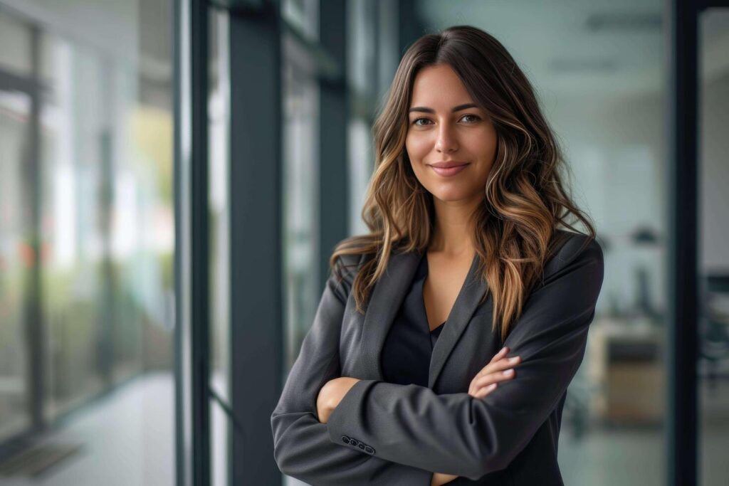 AI generated a woman in a business suit stands in front of a window Stock Free