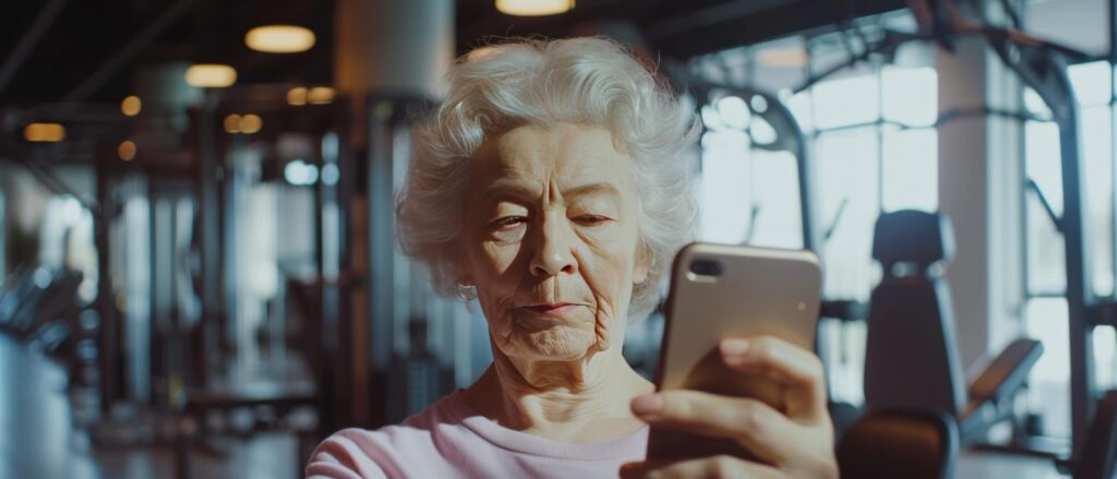 a woman is holding her cell phone in a gym Free Photo