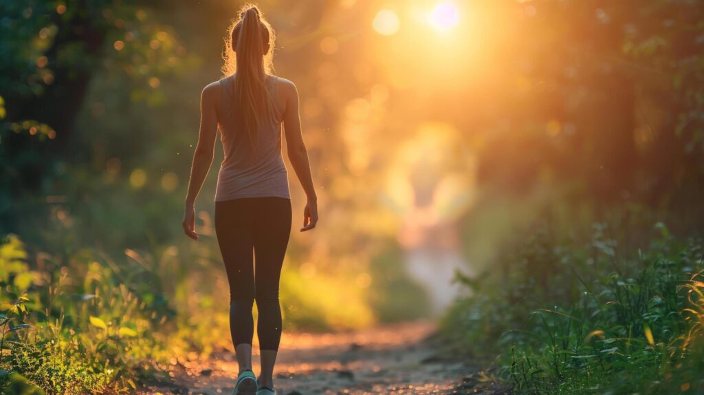 A woman practicing mindfulness while walking through a forest Free Photo