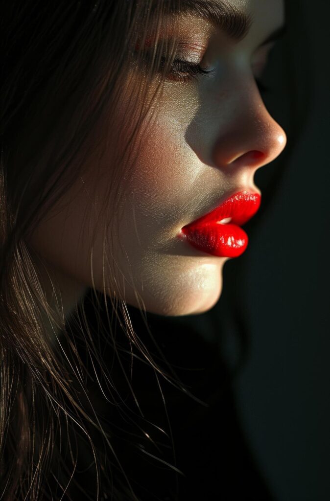 a woman with long hair and red lips Free Photo