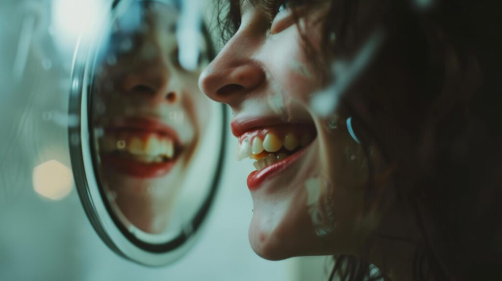 a woman with simle reflecting on mirror dental health and hygiene. Free Photo