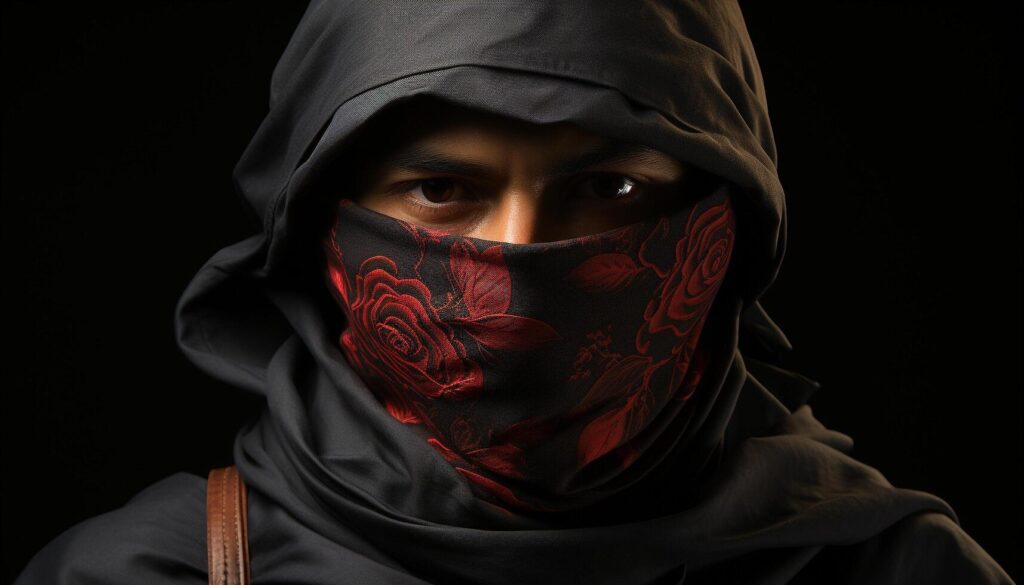 AI generated A young adult man in a black hooded shirt, looking serious, wearing a religious veil, covering his face, with a black background generated by AI Stock Free