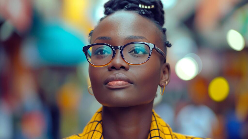 AI generated a young beautiful African woman in glasses on busy city street Stock Free