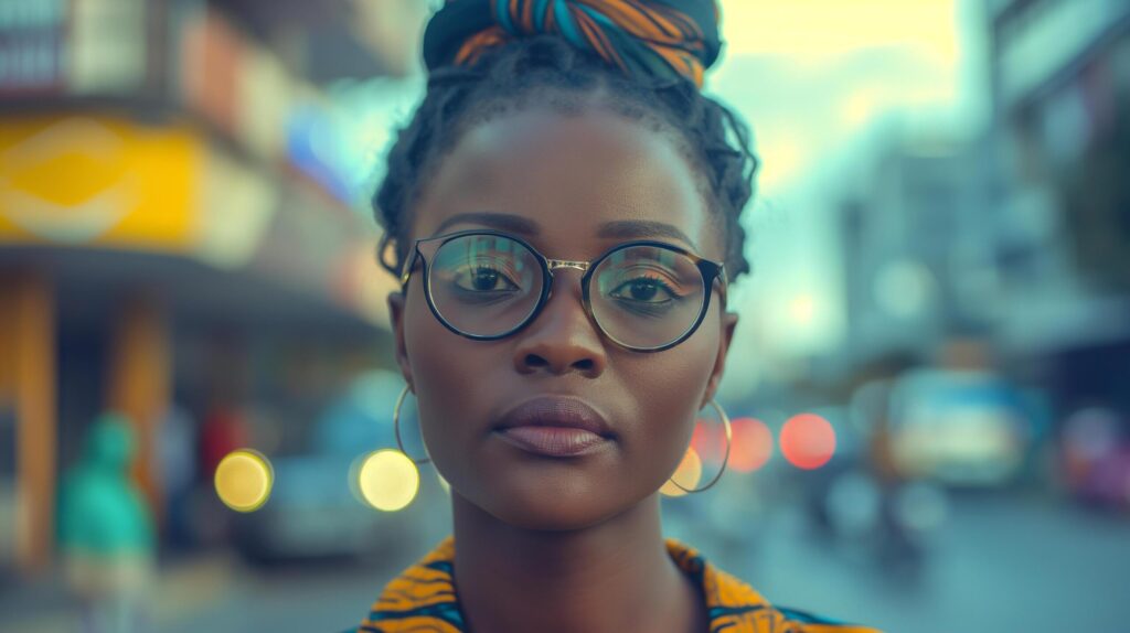 a young beautiful African woman in glasses on busy city street Free Photo