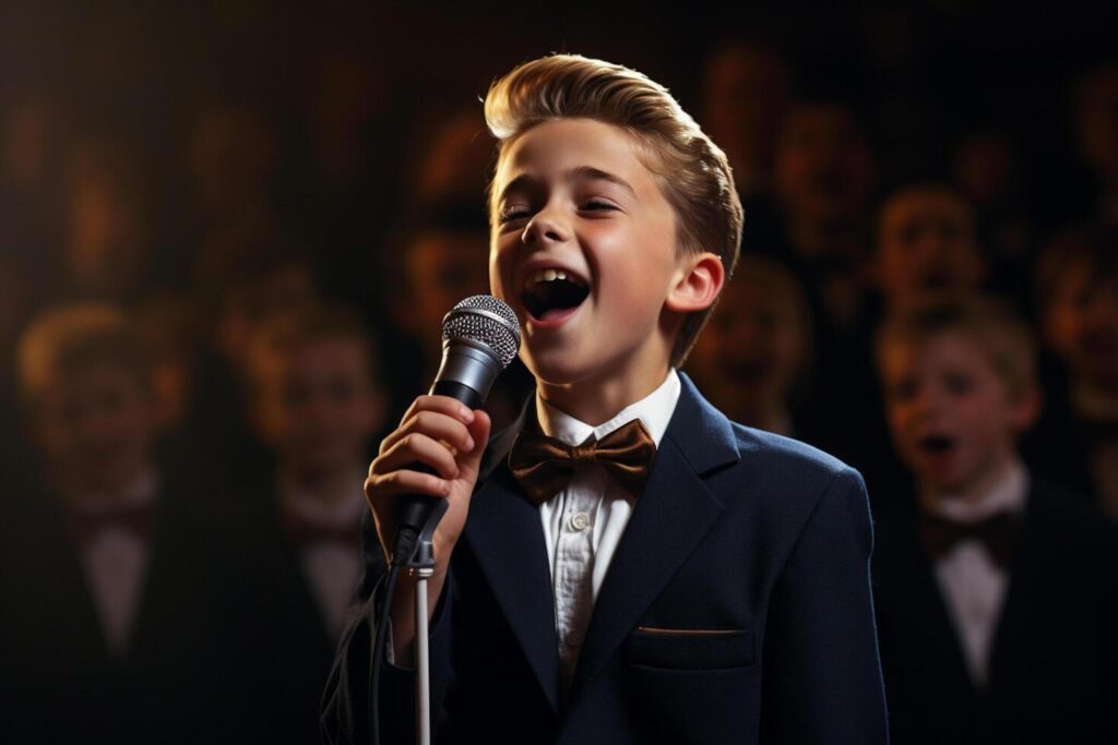 AI generated a young boy kid singing bokeh style background Stock Free