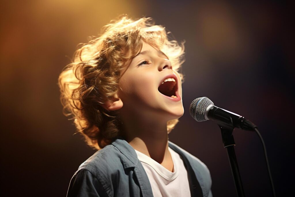 a young boy kid singing bokeh style background Free Photo