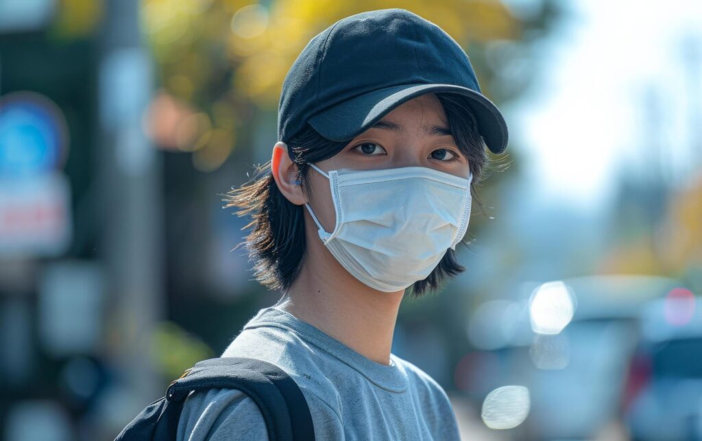 A young man with a black cap and surgical mask, new normal in a bustling urban setting Free Photo