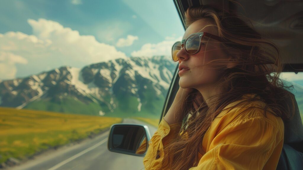 A young woman embarks on a summer vacation and adventure, traveling by car. Free Photo