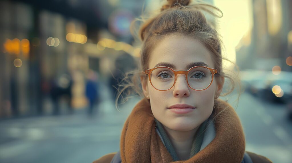 a young woman in glasses on busy city street Free Photo