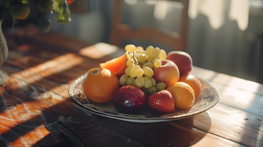 Abundance of Fresh Fruits and Vegetables in Soft Light Resting in Rustic Wooden Crate Free Photo