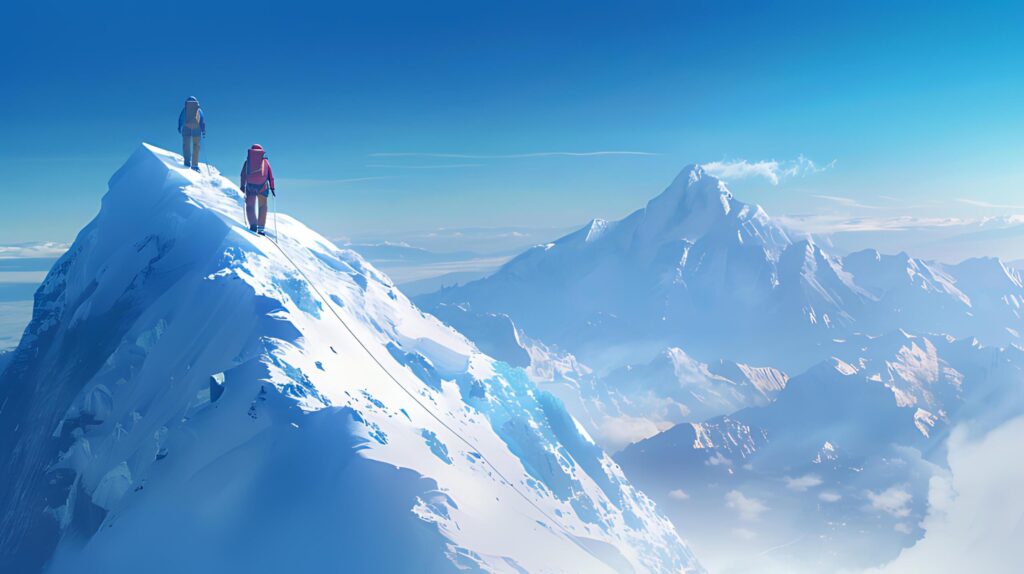 Adventurous climbers reach the summit of a snow-covered mountain, under the expansive blue sky Free Photo