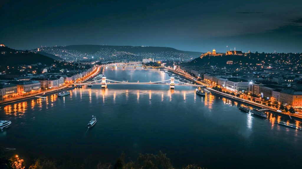 aerial night view of a cityscape surrounded by water Ai generated Free Photo