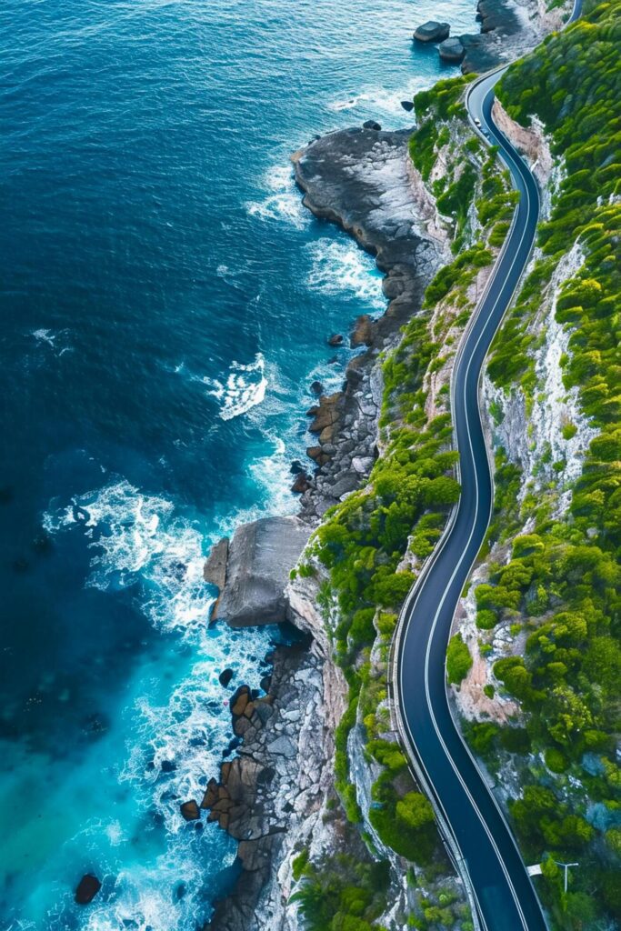 aerial view captures winding road hugging the coastline. The road is narrow and paved, with visible lane markings Ai Generated Free Photo