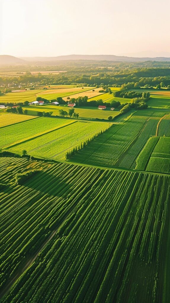 Aerial view countryside with emerald green fields cloudy sky showcasing the beauty of rural architecture. Ai Generated Free Photo