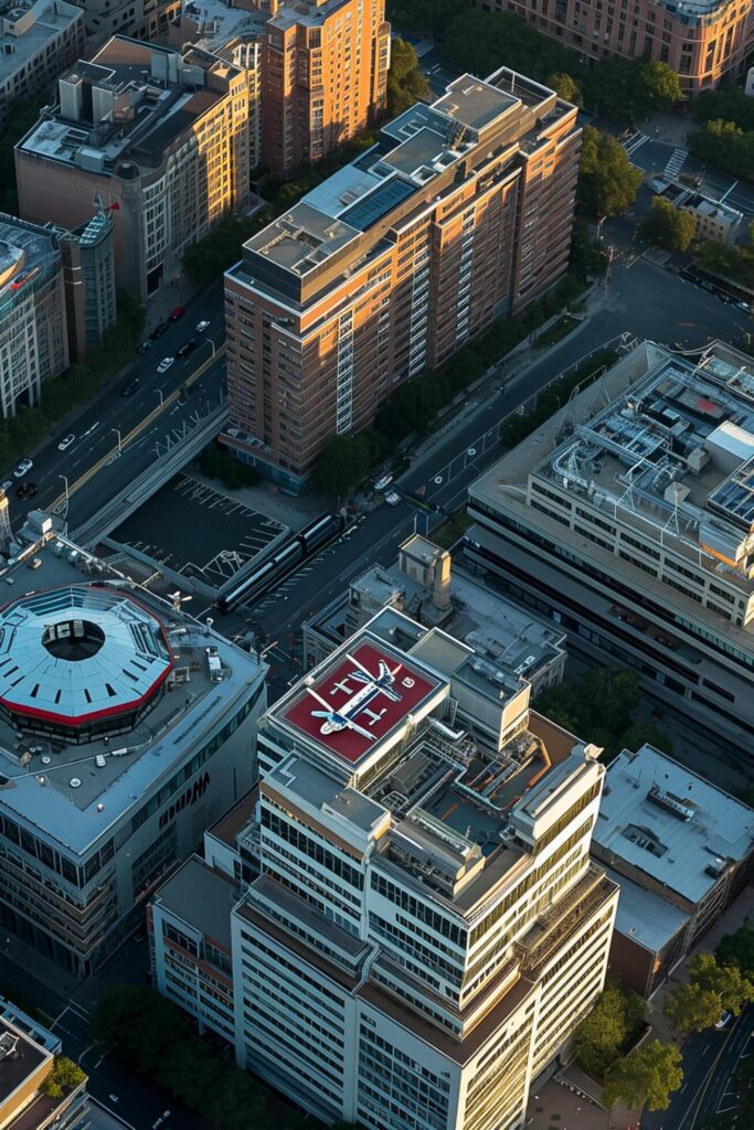 aerial view of cityscape during daylight. Various buildings with different architectural designs are visible, some have helipads on the roof. Ai Generated Free Photo