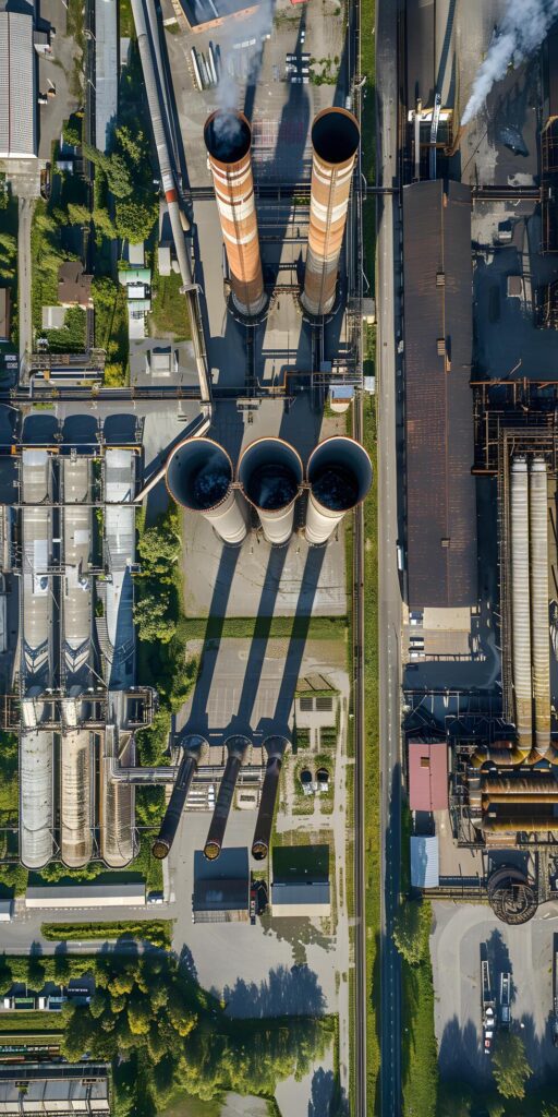 Aerial View of Industrial Complex with Smokestacks Free Photo