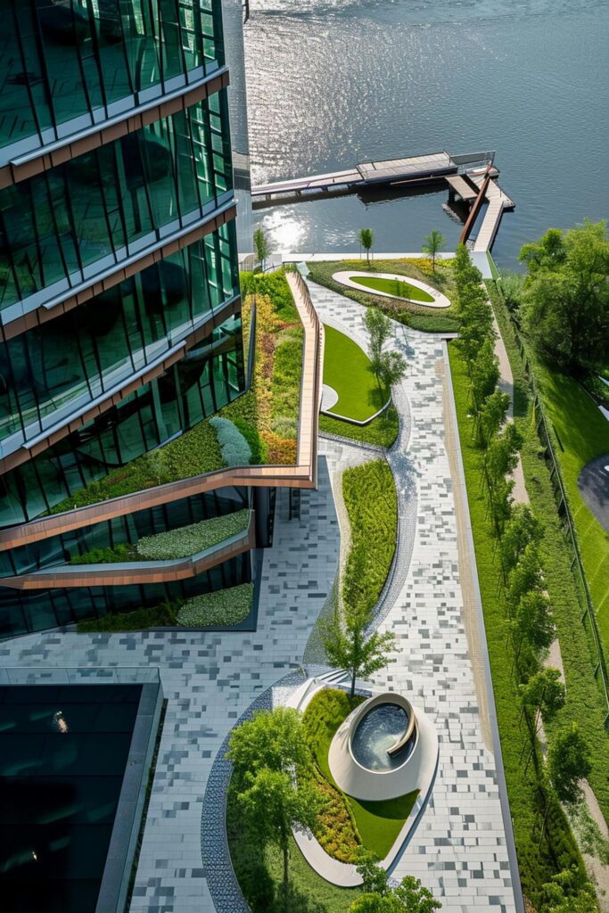 aerial view of modern architectural building beside river surrounding landscape. building has multiple floors, with glass exterior that reflects the sky Ai Generated Free Photo