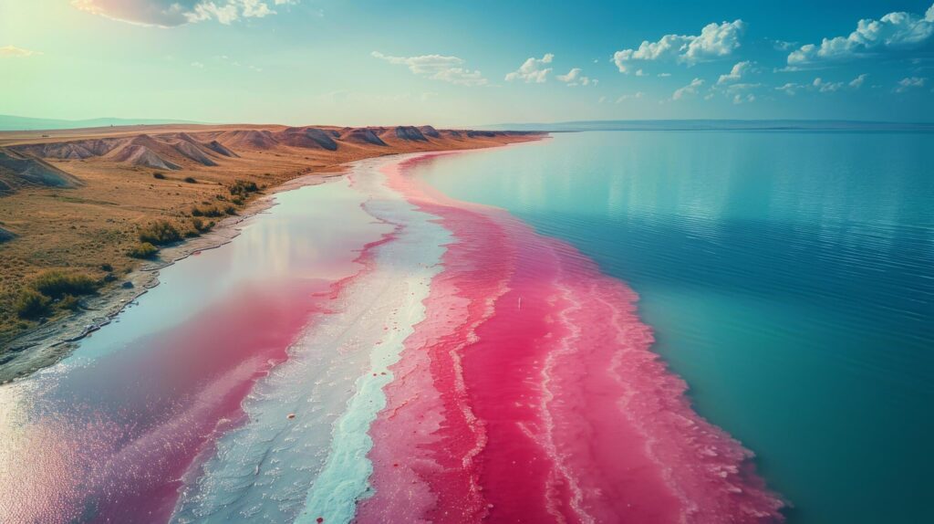 Aerial View of Pink Lake With Road Free Photo