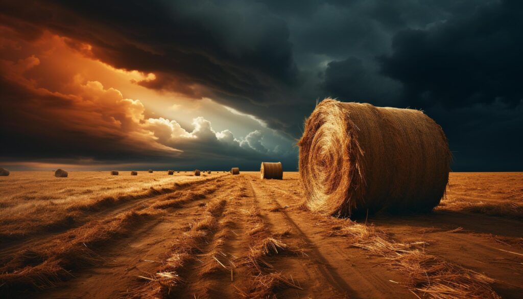 Agriculture beauty in nature meadow, wheat, sunset, harvesting, straw generated by AI Free Photo