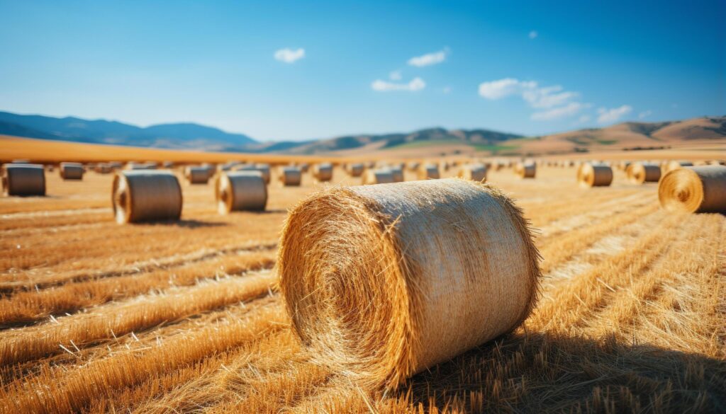 Agriculture beauty in nature rolled up hay bales in meadow generated by AI Free Photo