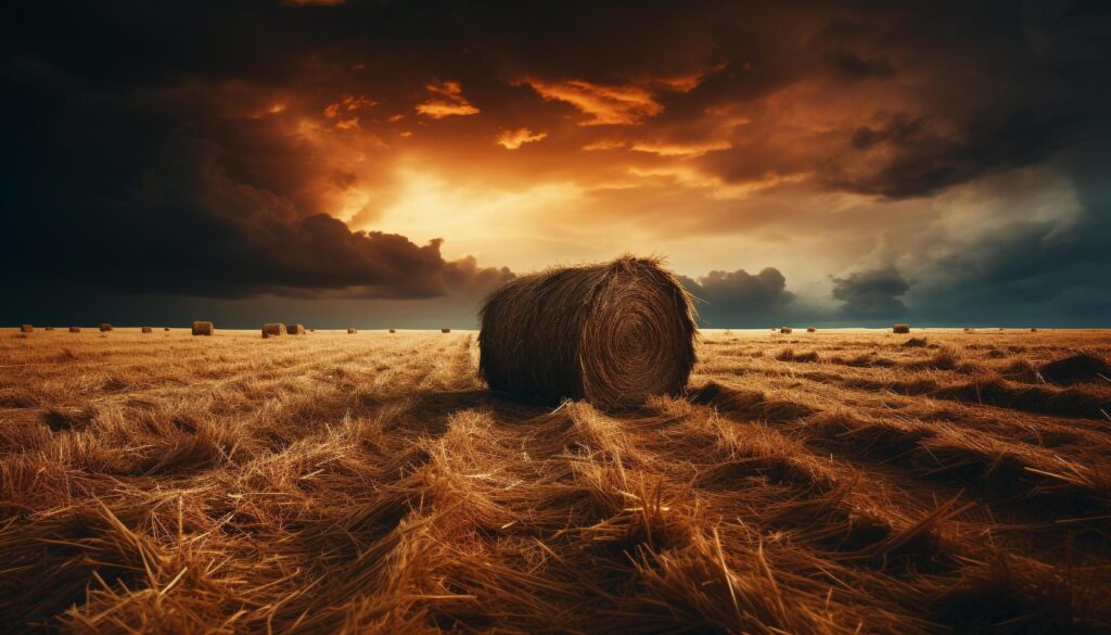 Agriculture beauty rural meadow, sunset, wheat, haystack, dramatic sky generated by AI Free Photo