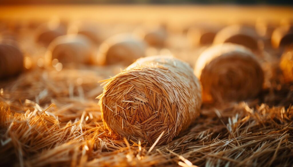 Agriculture industry harvesting wheat, rolled up bales in meadow generated by AI Free Photo